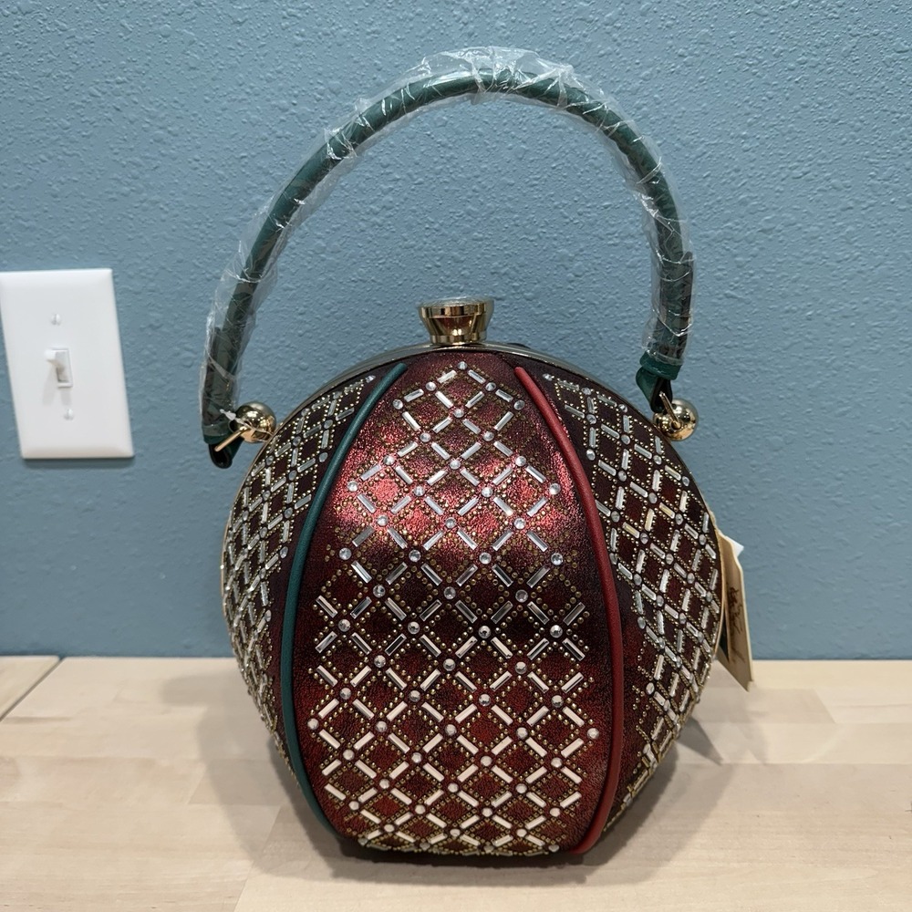 Rare NWT Women's Handbag Crossbody Basketball Style Round Green Red Rhinestones